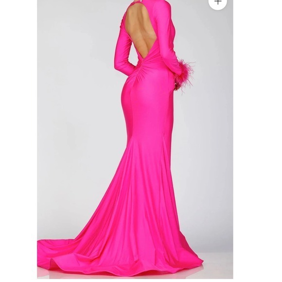 Terani Couture 231P0074 Fuchsia Pink Feather Trim Long Sleeve Gown Dress 6 - Picture 2 of 16